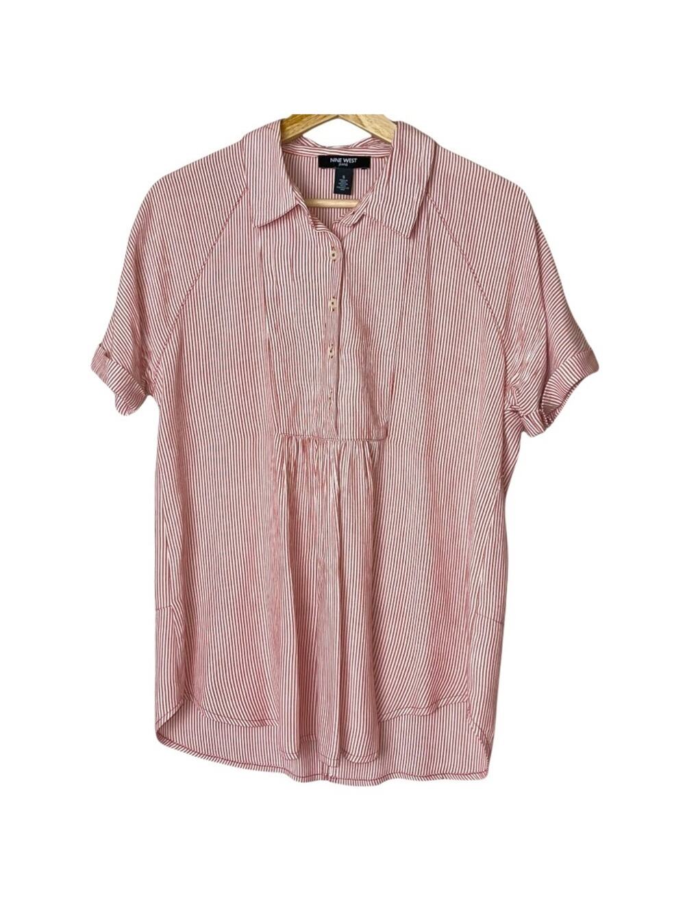 Nine West Casual Pinstripe Striped Popover Blouse Short Sleeve Red White Small